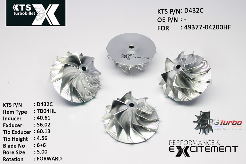 Turbo ROUE FORGÉE MFS PERFORMANCE - 6+6 PALES - INDUCER : 40,61 - EXDUCER : 56,02 - TYPE : TD04HLANGLE : 60° - ROTATION : Forward - SUPER BACK : 1,83 - BORE SIZE : 5

